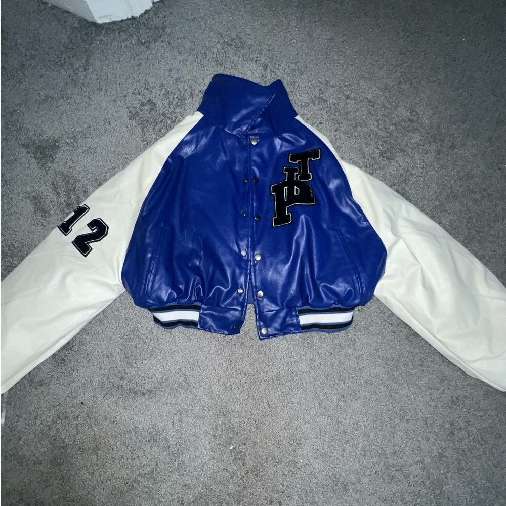 PLT Blue Faux Leather Varsity Jacket